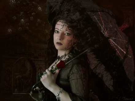 Artistic vintage HD PC desktop wallpaper of a black-haired woman with green eyes holding a red rose and lace umbrella, moody gothic portrait background.