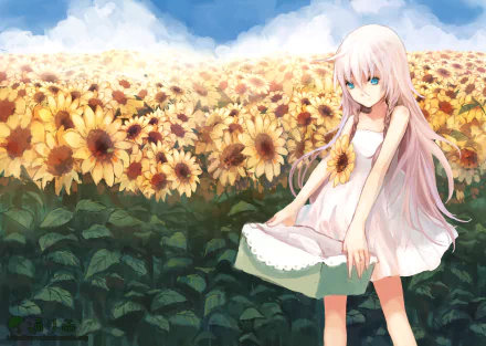 HD anime desktop wallpaper featuring IA from Vocaloid standing in a vibrant sunflower field under a bright blue sky.