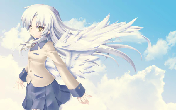 Anime-style image of a white-haired angel girl from Angel Beats! with large wings, set against a bright blue sky with fluffy clouds, featured as an HD PC desktop wallpaper.