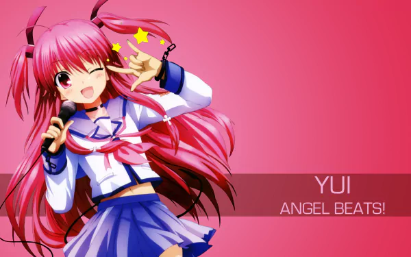 Anime Angel Beats! 4K Ultra HD PC desktop wallpaper: Yui, pink-haired schoolgirl winking and singing into a microphone with star accents on a pink background.