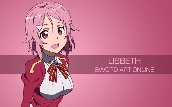 Rika Shinozaki, known as Lisbeth from Sword Art Online, smiles in a vibrant pink background. This 4K Ultra HD wallpaper captures her lively character in stunning detail.
