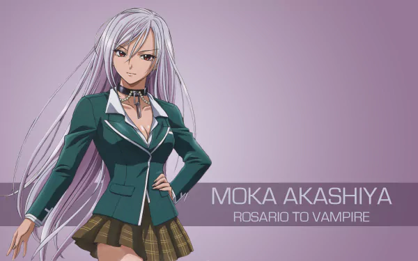 HD PC wallpaper featuring Moka Akashiya from the anime Rosario + Vampire, showcasing her with long silver hair and a confident pose against a purple background.