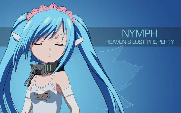 4K Ultra HD wallpaper featuring Nymph from Heaven's Lost Property (Sora No Otoshimono), showcasing her distinct blue hair and character design against a simple background.