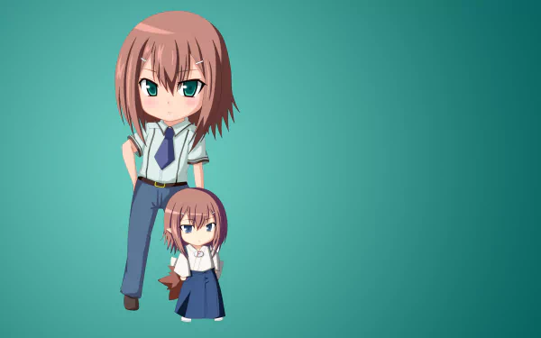 HD anime desktop wallpaper featuring two chibi-style characters from Baka and Test against a teal background.