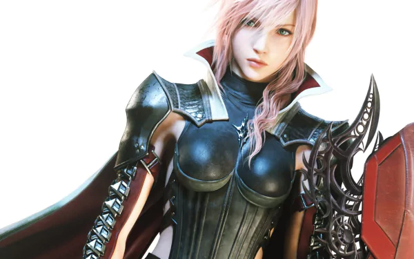 A striking HD wallpaper featuring Lightning from *Lightning Returns: Final Fantasy XIII*, showcasing her iconic armor and fierce expression against a bright background.