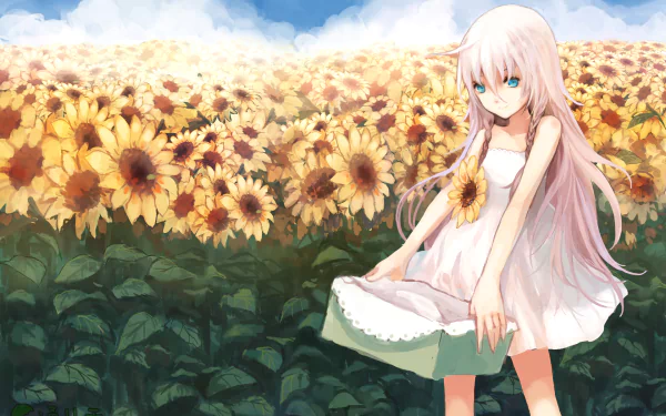 HD anime desktop wallpaper featuring IA from Vocaloid standing in a vibrant sunflower field under a bright blue sky.