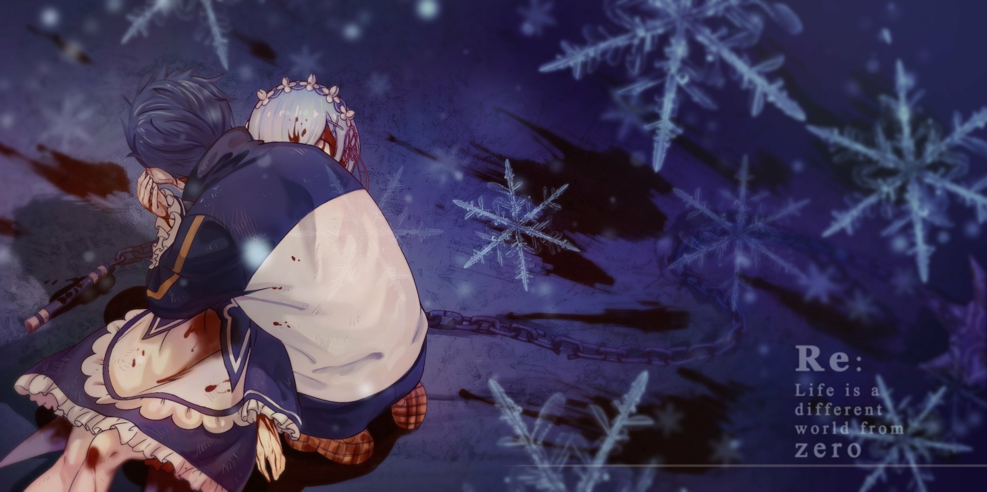 HD anime desktop wallpaper featuring Subaru Natsuki and Rem from Re:Zero - Starting Life in Another World, with a dark, snowy background and large snowflakes.