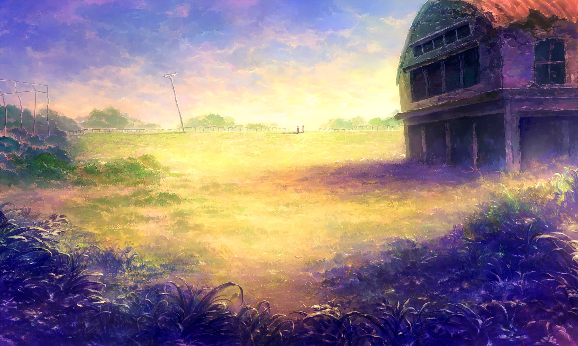 A beautiful HD background from Your Name. featuring Taki Tachibana and Mitsuha Miyamizu, showcasing a serene landscape with a distant house and vibrant skies.