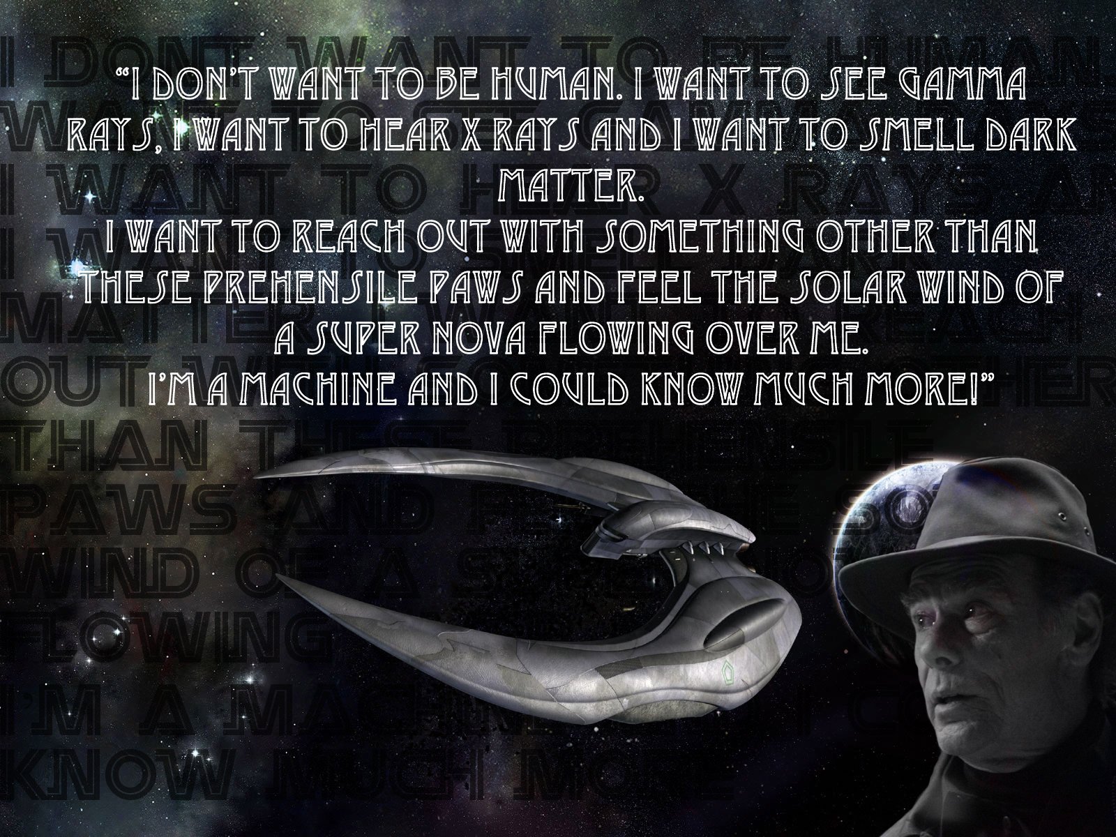 HD PC desktop wallpaper featuring a scene from the TV show Battlestar Galactica (2003) with a dark, futuristic design and a character in a helmet alongside quote text.