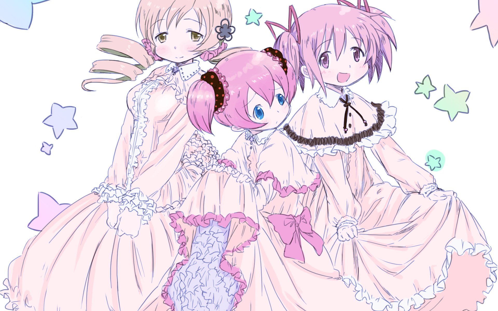 HD PC desktop wallpaper of Mami Tomoe and Madoka Kaname from Puella Magi Madoka Magica in pastel frilly ballgowns, ribbons and soft star accents