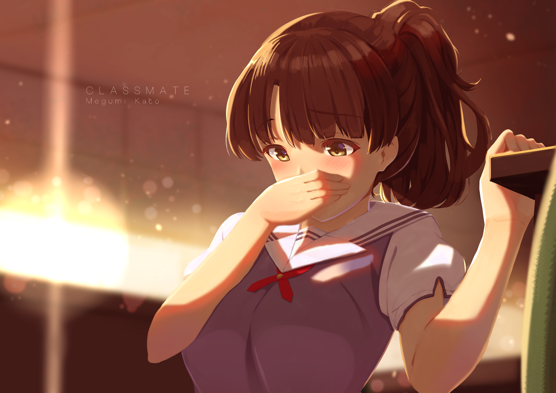 HD anime desktop wallpaper featuring a character from Saekano: How to Raise a Boring Girlfriend, with warm lighting and a school uniform.