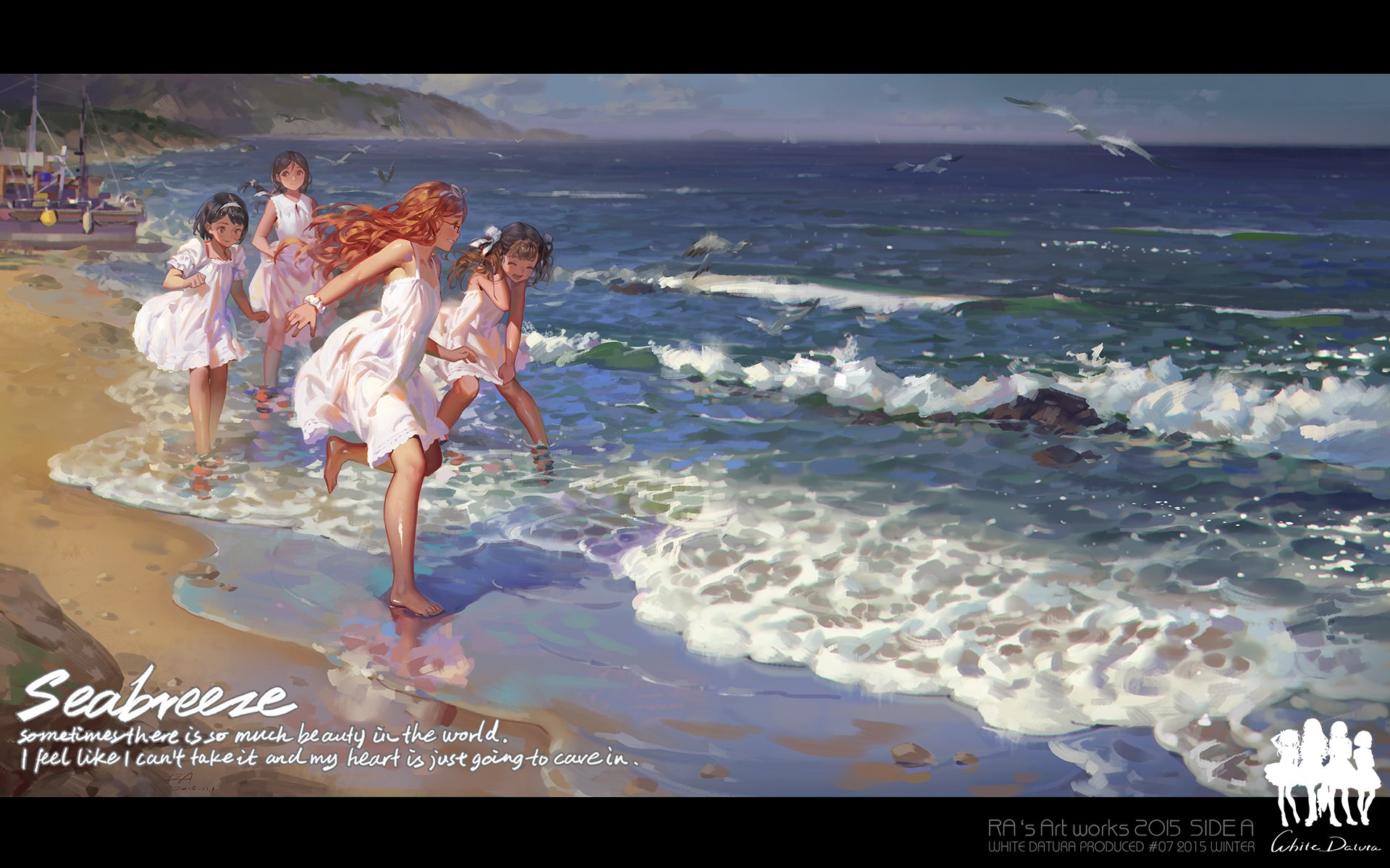 A vibrant anime-style HD desktop wallpaper depicting four girls in white dresses playfully running along a beach, embracing the sea breeze and joyful moments by the shore.
