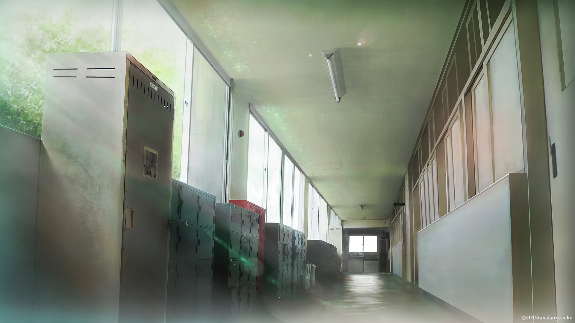 HD anime original artwork featuring an empty, sunlit school corridor with lockers and windows, designed as a PC desktop wallpaper background.