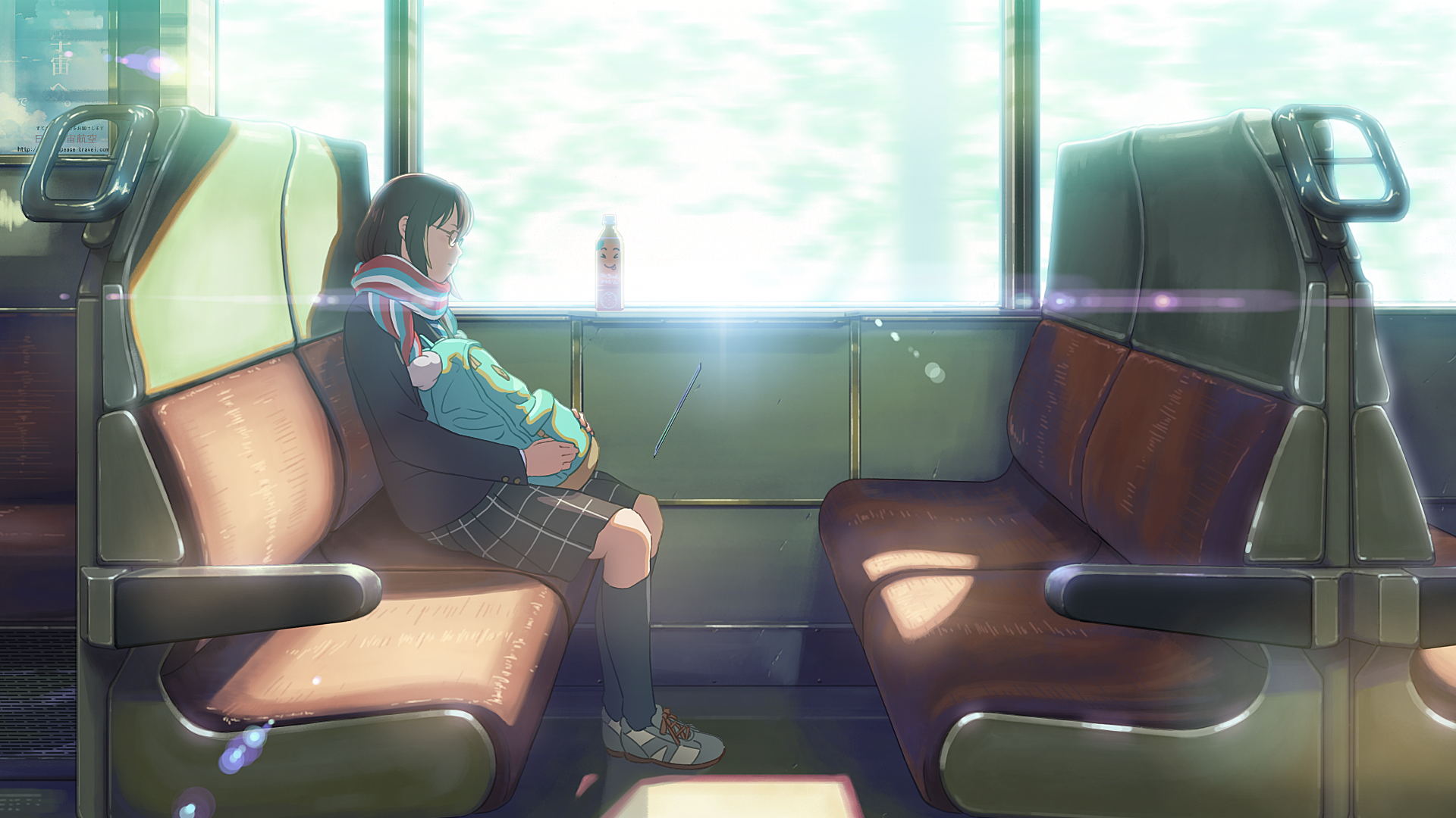 A serene anime scene depicting a girl sitting alone on a train, surrounded by bright light and empty seats, creating a peaceful atmosphere for an HD PC desktop wallpaper.