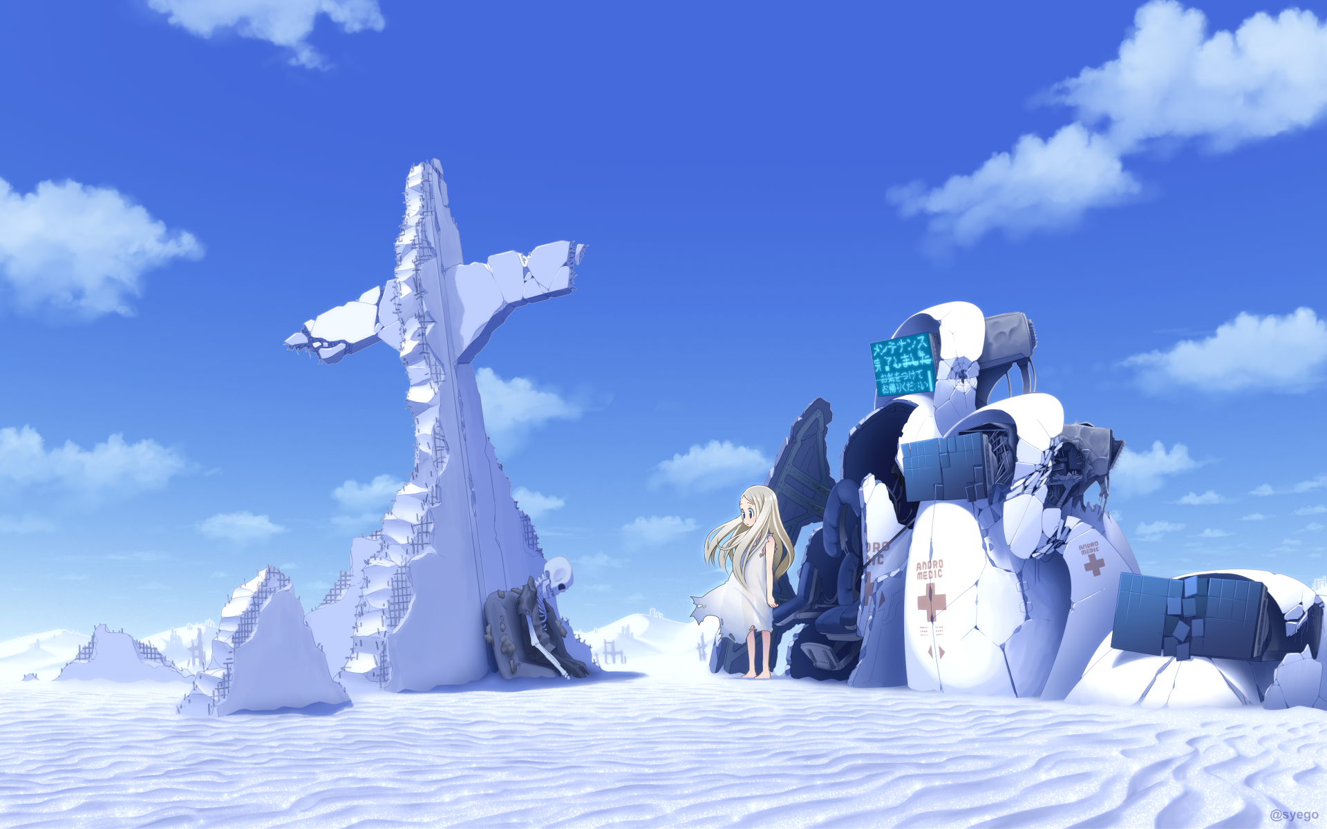 HD anime original desktop wallpaper showing a snowy landscape with large abstract stone structures and a blonde figure under a bright blue sky with scattered clouds.