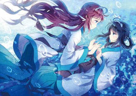 HD wallpaper featuring Miuna Shiodome and Manaka Mukaido from the anime Nagi no Asukara, set in a serene underwater scene with flowing water and vibrant colors.
