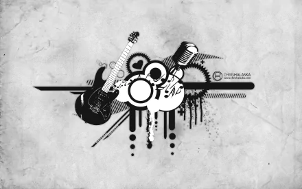 Abstract black and white artistic design featuring a cross, electric guitar, drum, and microphone, set against a textured background as an HD PC desktop wallpaper.