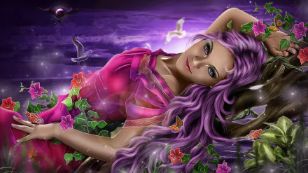 A fantasy scene featuring a woman with purple hair and eyes, adorned in a purple dress, lying among vibrant flowers, butterflies, and birds, set against a mystical purple backdrop.