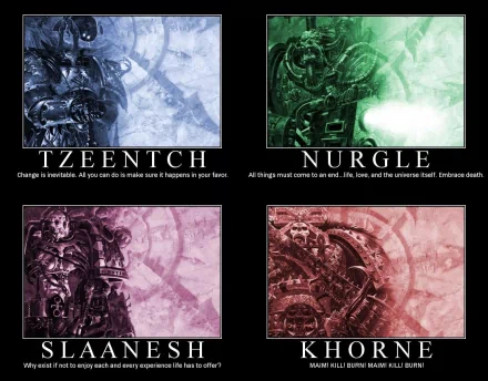 A striking HD desktop wallpaper featuring Warhammer imagery, showcasing the chaos gods Tzeentch and Nurgle, with powerful quotes emphasizing change and mortality.