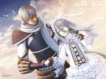 Anime-style HD PC desktop wallpaper featuring two characters from .hack//G.U., one with white hair and armor, the other in an elegant white dress, set against a soft sky background.