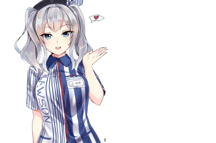 HD anime desktop wallpaper featuring Kashima from Kantai Collection in a Lawson-themed outfit, smiling and waving with a small heart symbol.