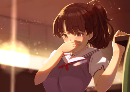 HD anime desktop wallpaper featuring a character from Saekano: How to Raise a Boring Girlfriend, with warm lighting and a school uniform.