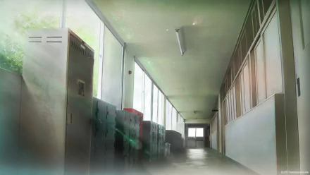 HD anime original artwork featuring an empty, sunlit school corridor with lockers and windows, designed as a PC desktop wallpaper background.