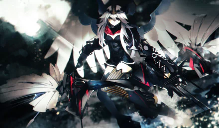 A dynamic anime character with striking wings and a futuristic outfit, wielding weapons against a dark, atmospheric backdrop. This HD image serves as a captivating desktop wallpaper.