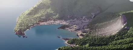 A 4K Ultra HD PC desktop wallpaper featuring a detailed coastal landscape from the video game Dishonored 2, showcasing lush greenery and a serene harbor.