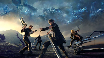 HD desktop wallpaper featuring Ignis Scientia, Gladiolus Amicitia, Prompto Argentum, and Noctis Lucis Caelum from Final Fantasy XV, showcasing the characters preparing for battle under a dynamic sky.