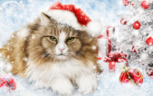 A fluffy cat wearing a Santa hat lounges among festive Christmas ornaments and presents, set against a snowy holiday backdrop with a decorated tree.