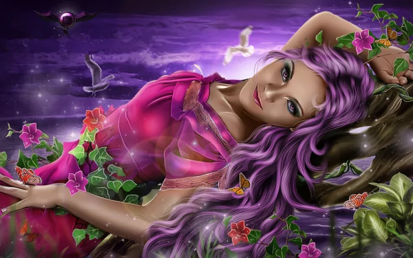 A fantasy scene featuring a woman with purple hair and eyes, adorned in a purple dress, lying among vibrant flowers, butterflies, and birds, set against a mystical purple backdrop.