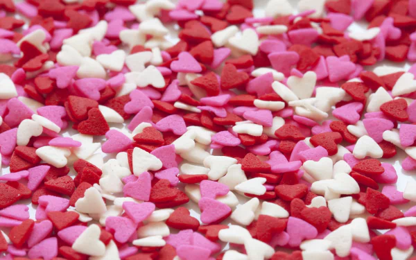 HD desktop wallpaper featuring a romantic display of colorful heart-shaped candy in shades of red, pink, and white scattered across the surface.