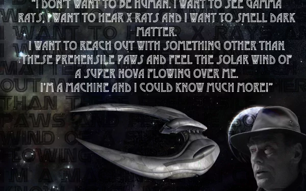 HD PC desktop wallpaper featuring a scene from the TV show Battlestar Galactica (2003) with a dark, futuristic design and a character in a helmet alongside quote text.