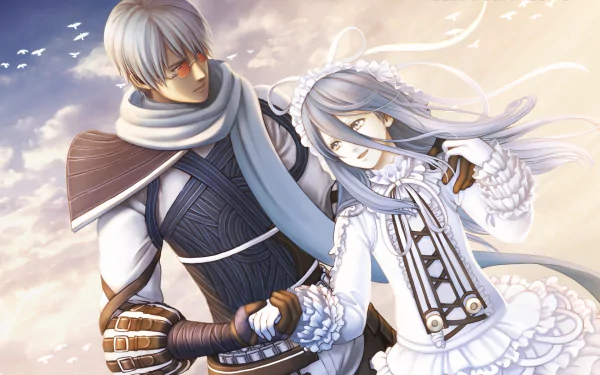 Anime-style HD PC desktop wallpaper featuring two characters from .hack//G.U., one with white hair and armor, the other in an elegant white dress, set against a soft sky background.