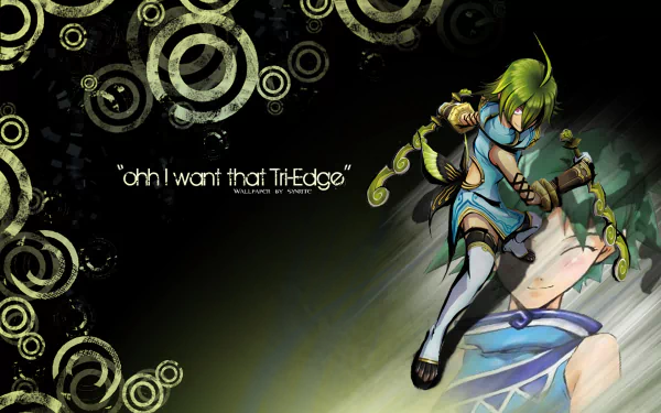 HD PC desktop wallpaper featuring an anime character from .hack//G.U. in dynamic pose with circular graphic elements and the quote ohh I want that Tri-Edge.