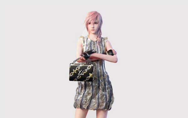 HD PC desktop wallpaper of Lightning from the video game Final Fantasy XIII, featuring her in a stylish outfit with a confident pose against a plain background.
