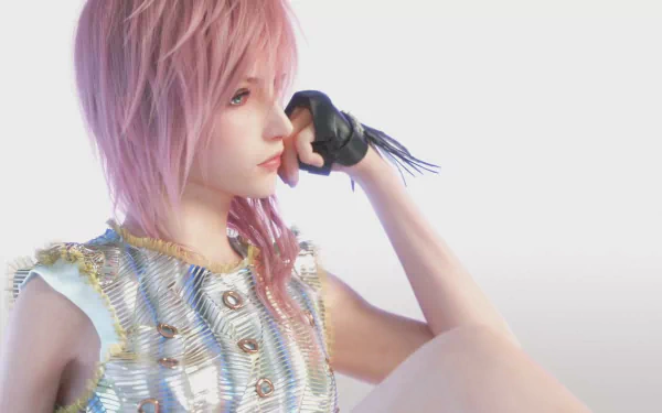 A HD desktop wallpaper featuring Claire Farron from the video game Final Fantasy XIII, showcasing her thoughtful pose and striking design elements.