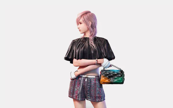 HD PC desktop wallpaper featuring a character from the video game Final Fantasy XIII with detailed clothing and accessories on a plain background.