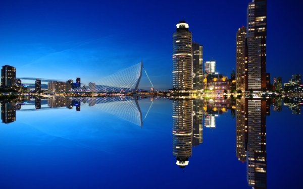 Man Made Rotterdam Cities Netherlands Erasmus Bridge Night Water Bridge Reflection Building Skyscraper City HD Wallpaper | Background Image