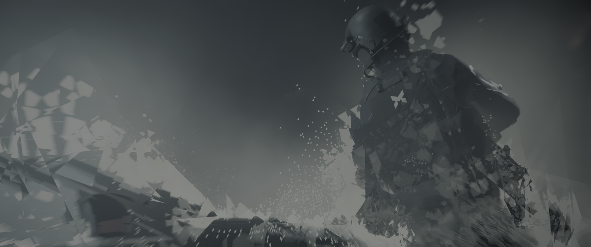 HD PC desktop wallpaper featuring a dark, fragmented figure in a dynamic scene from the video game Quantum Break.