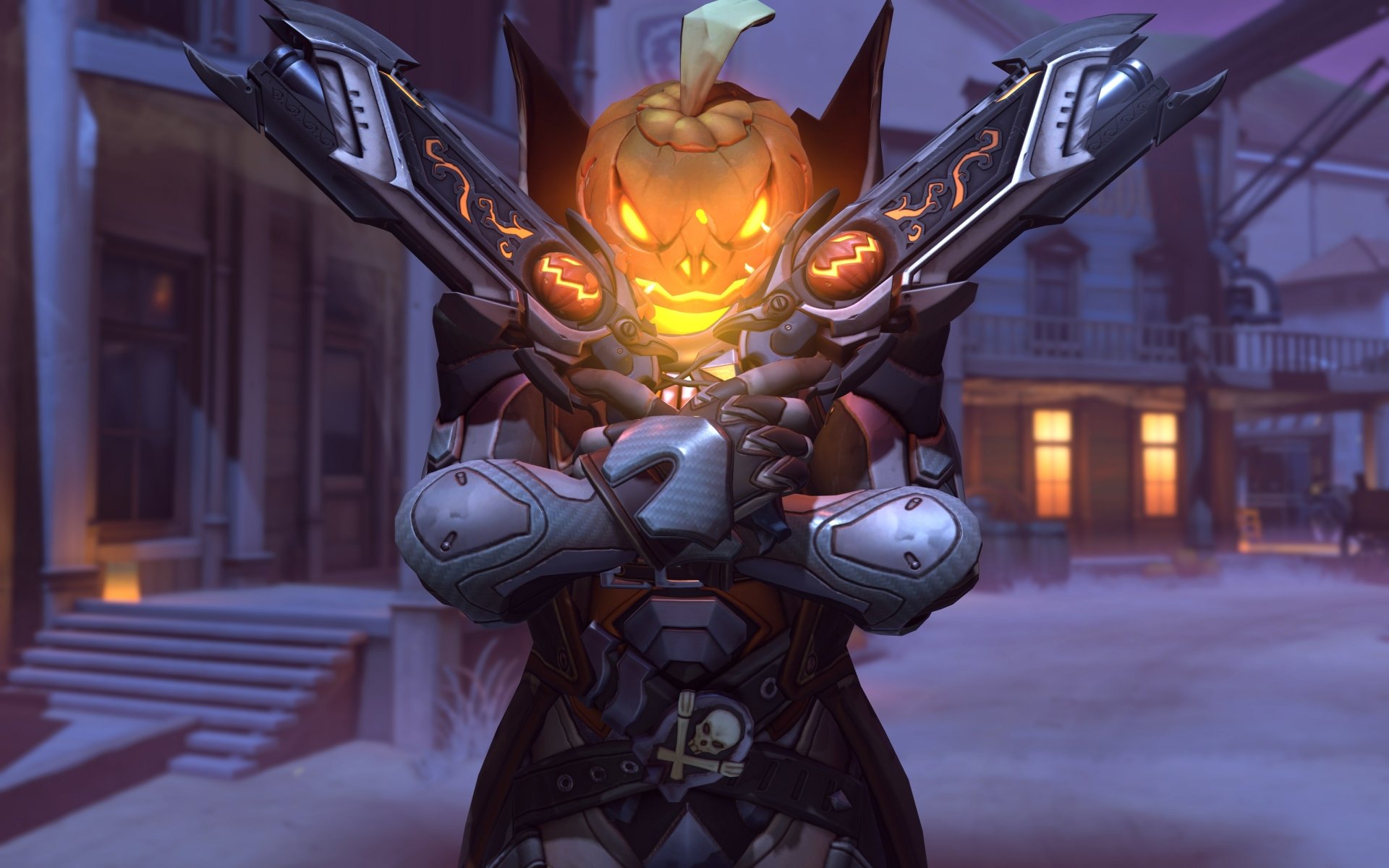 4K Ultra HD Overwatch wallpaper featuring Reaper in a Halloween-themed pumpkin head costume, holding dual shotguns in a dark, eerie urban setting.
