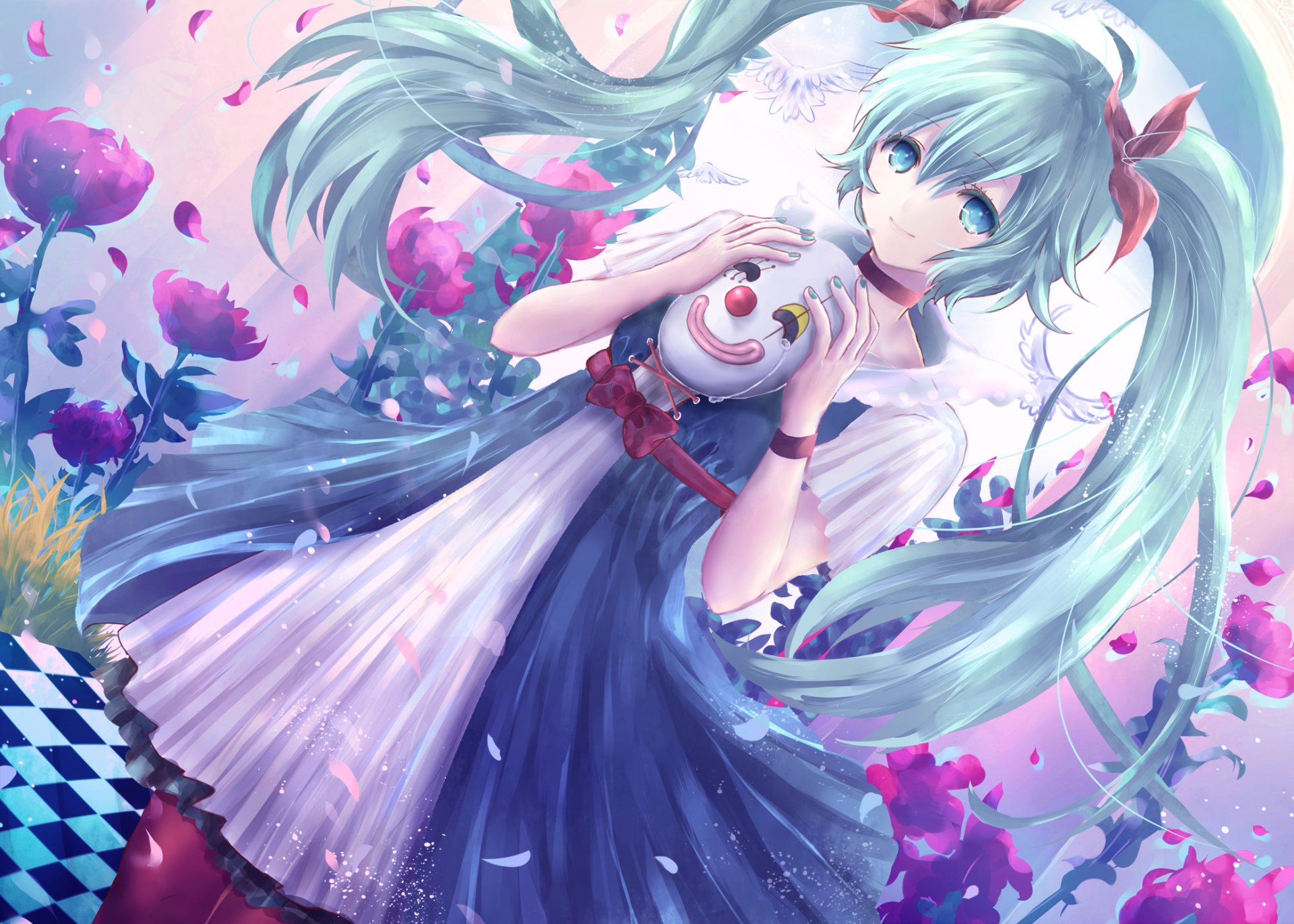 Anime character Hatsune Miku stands among vibrant flowers, holding a playful clown doll, set against a dreamy pastel background. This HD wallpaper captures her enchanting presence beautifully.