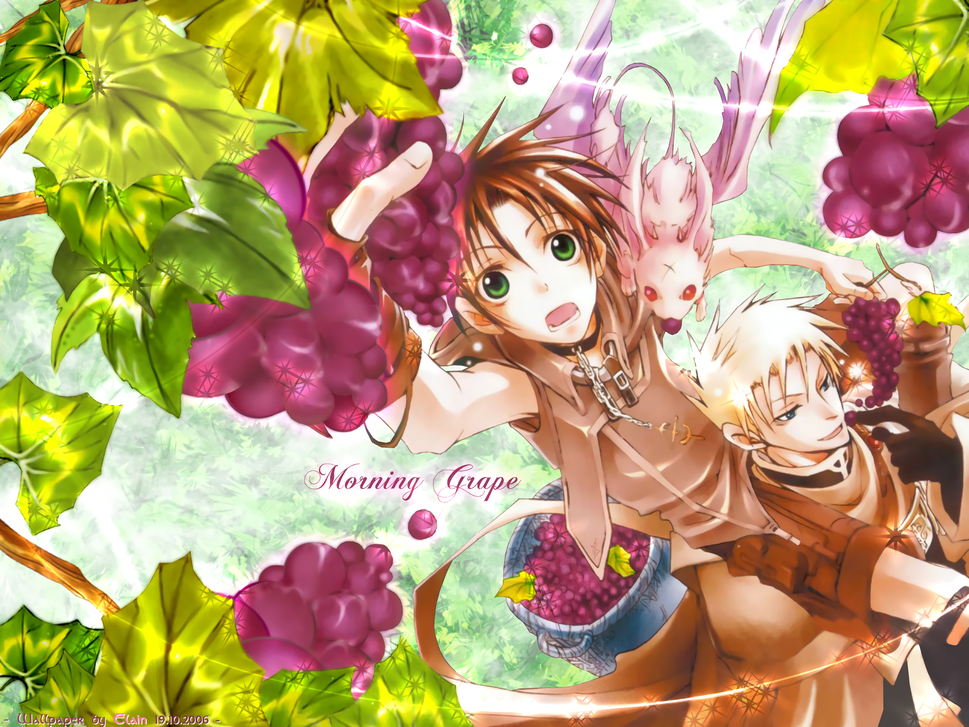 Anime 07-Ghost HD PC desktop wallpaper: two characters among grape vines and clusters, brown-haired youth with green eyes and a bunny companion, soft pastel background.