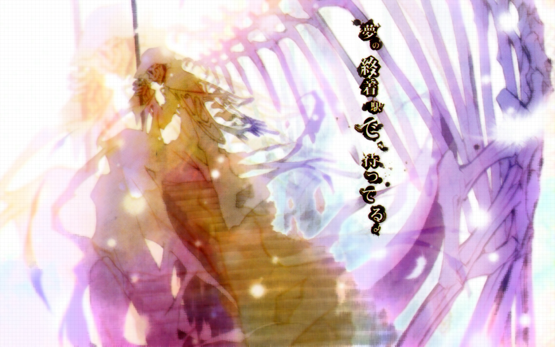 HD PC desktop wallpaper/background from 07‑Ghost anime: ethereal watercolor scene of a cloaked figure framed by translucent ribcage bones in soft purple and gold light.