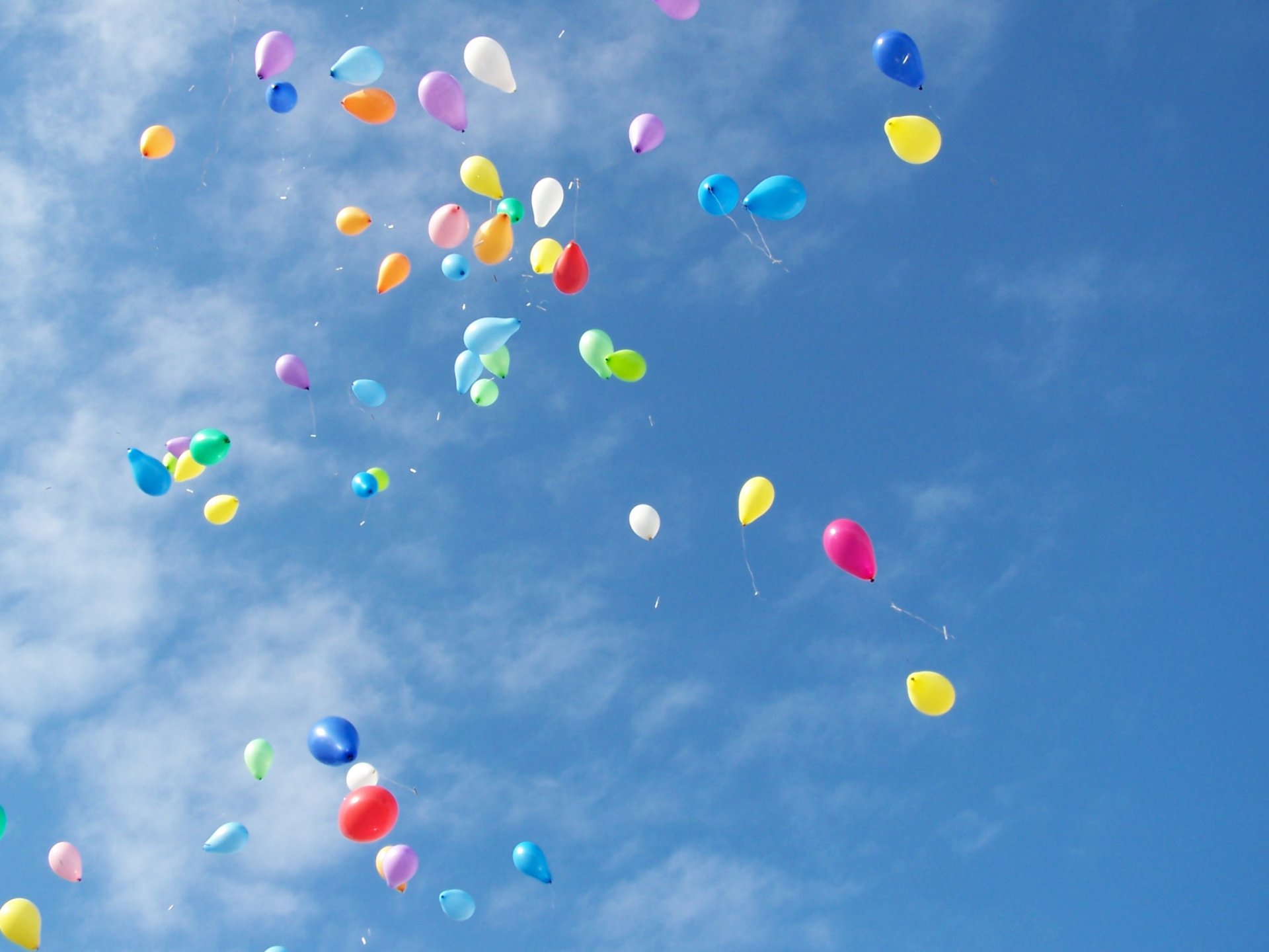 A vibrant array of colorful balloons floats against a clear blue sky, captured in this HD photography wallpaper, adding a cheerful touch to any desktop background.