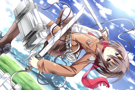 HD wallpaper featuring Mikasa Ackerman from Attack on Titan, striking a dynamic pose with swords against a vibrant sky and green landscape.