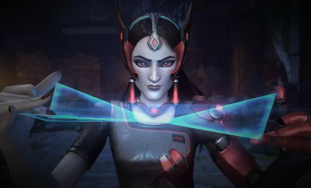 Symmetra (Overwatch) in a dark Halloween scene, summoning glowing blue holographic constructs. 2K Quad HD PC desktop wallpaper/background — Halloween gaming art.