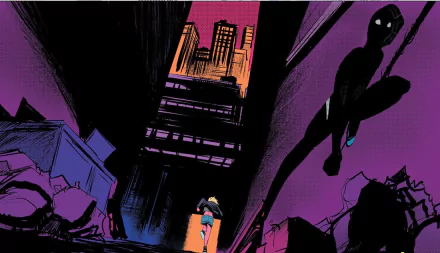 Spider-Woman, also known as Gwen Stacy, dashes through a gritty alleyway in this vibrant comic-style HD wallpaper featuring Spider-Gwen's dynamic urban world.