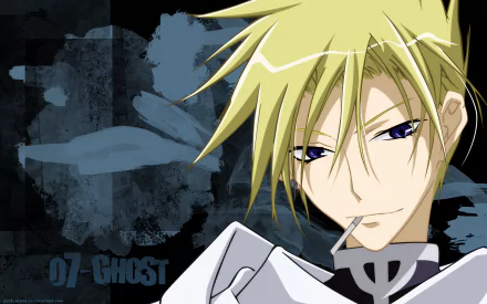 Anime HD PC desktop wallpaper of 07-Ghost: blond, sharp-eyed character in a white uniform with a cigarette, set against a moody blue-black textured background.